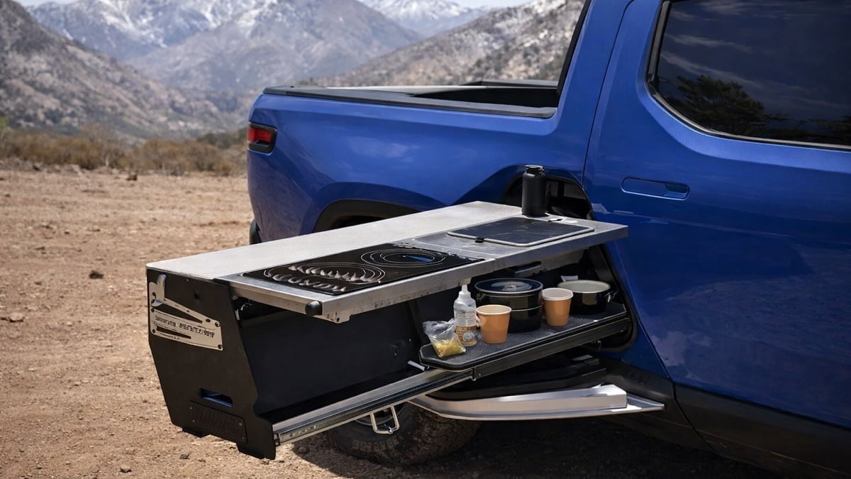 Rivian R1T with travel kitchen in gear tunnel